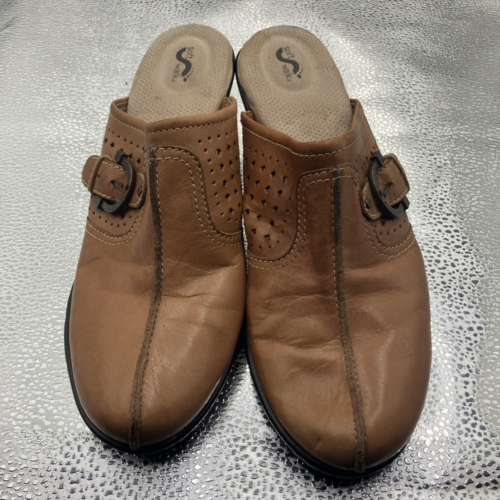 Soft Walk Mules Womens 8 narrow Brown Clogs Wedge Mason Cushion Cognac